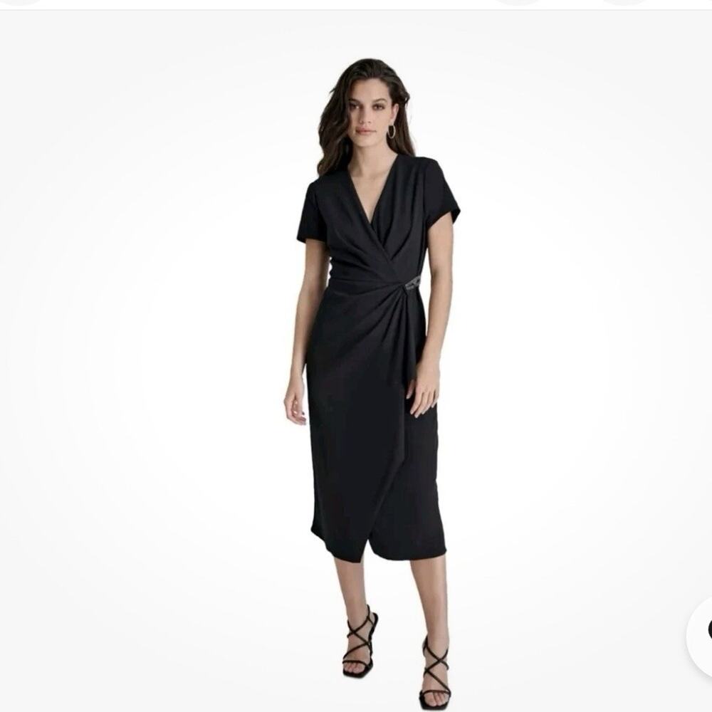 New DKNY Women's Surplice-Neck‎ Embellished Scuba Dress, BLACK, Sz 12 Formal